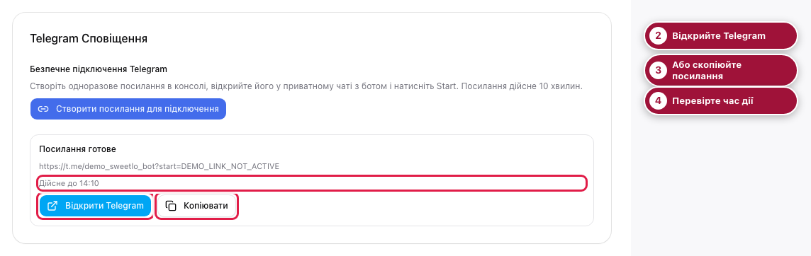 Відкриття Telegram, копіювання і строк дії посилання. Демонстраційний екран із пронумерованими позначками.